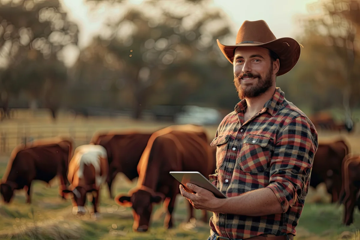 Rancher using HerdQuarters cattle management app on tablet in the field